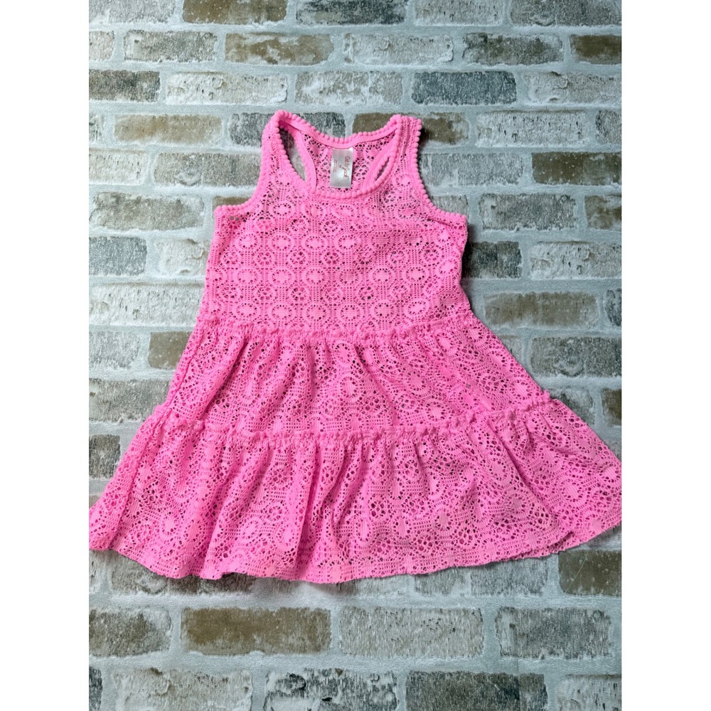Cat & Jack Girls Neon Pink Crochet Lace Tiered Swim Cover-Up Dress Size XS 4-5